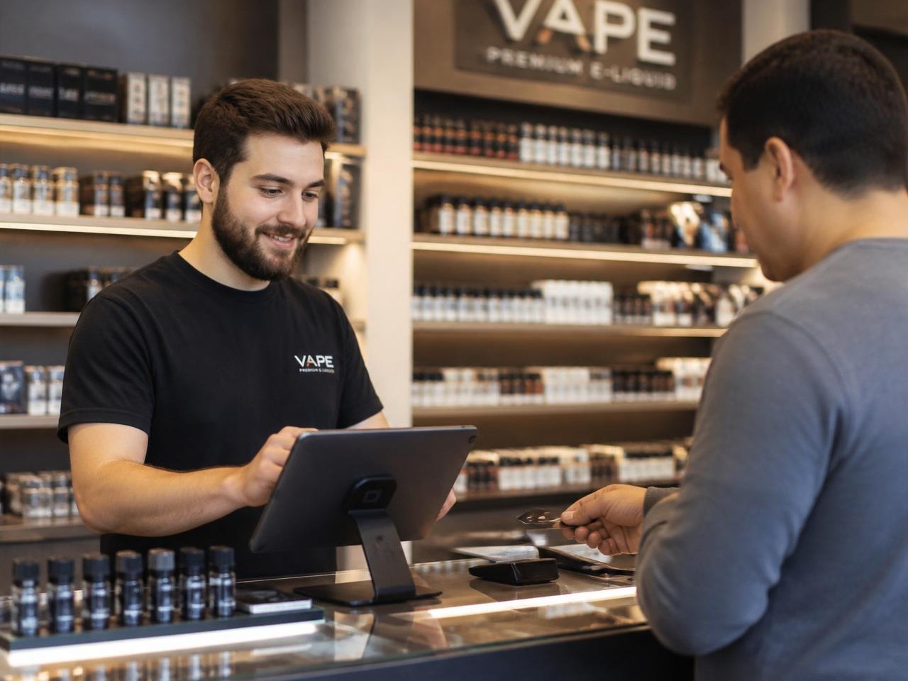 Retail staff managing inventory at the counter